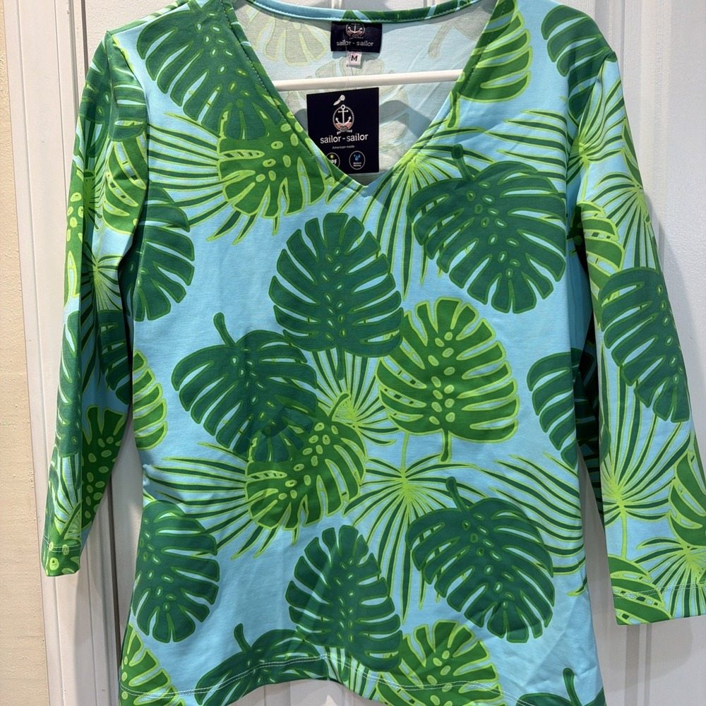 Sailor-Sailor Resort Palm Blue/green M  UPF 50+ Crew V  Moisture Wicking 5052